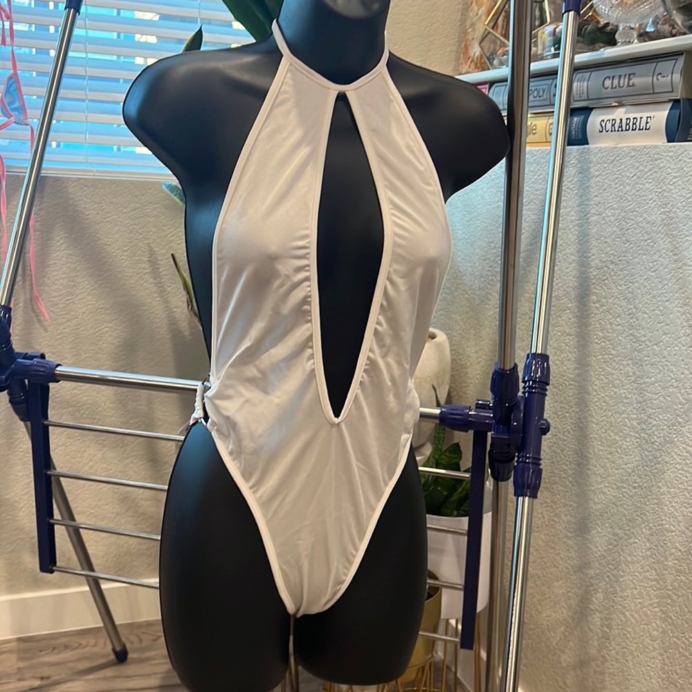 New white one piece stripper bikini